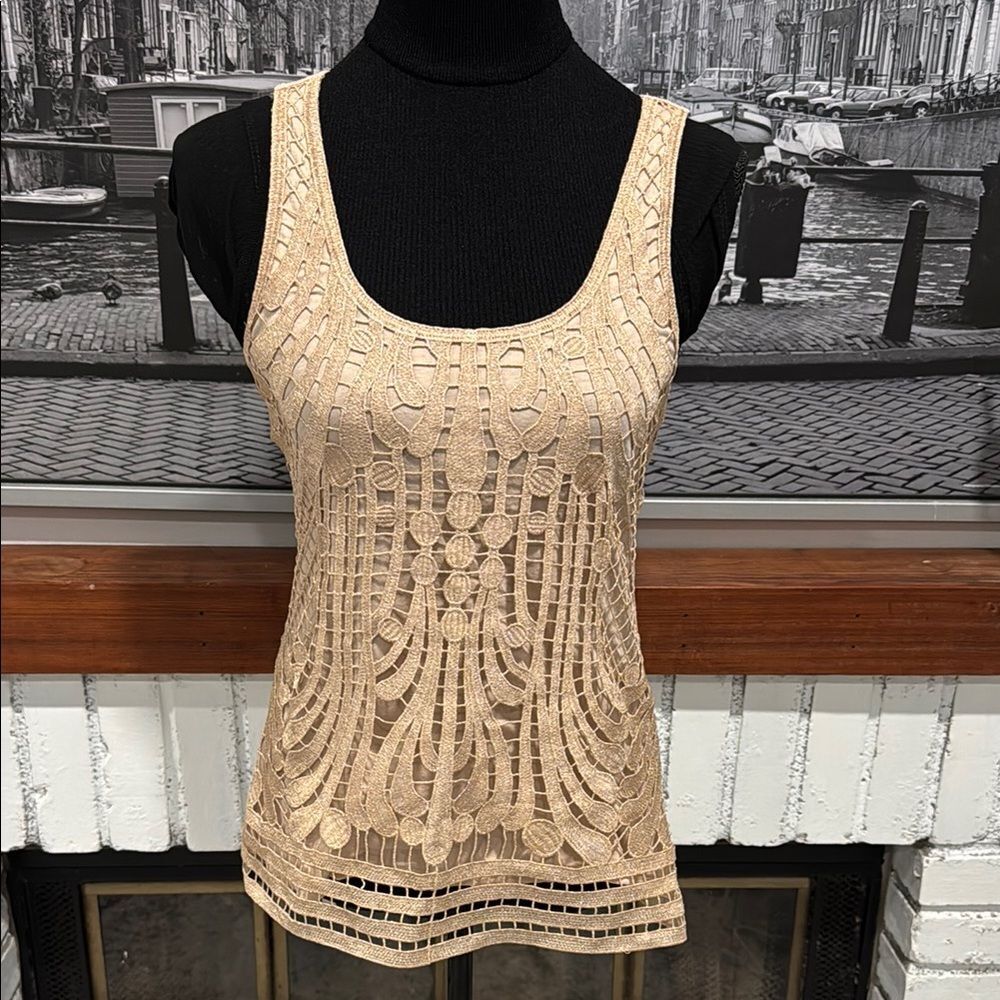 Express Women Tank Top Sleeveless Gold Tan Beige Crochet Metallic Shimmer Small